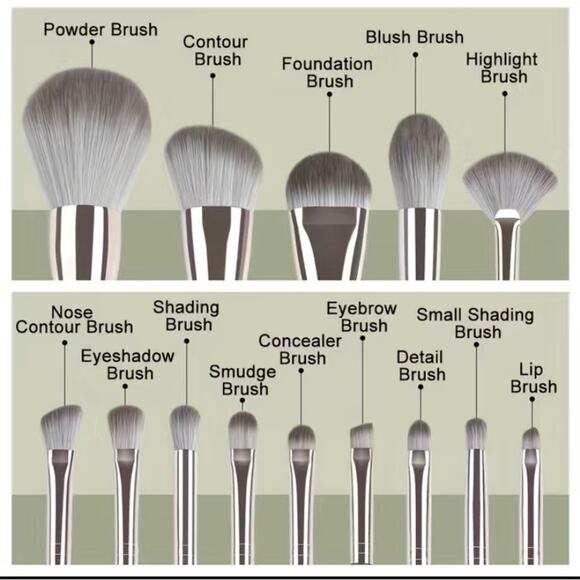 Makeup Brush Set 14 pc Brushes Green Handles Gold Tone Accent - Picture 5 of 5